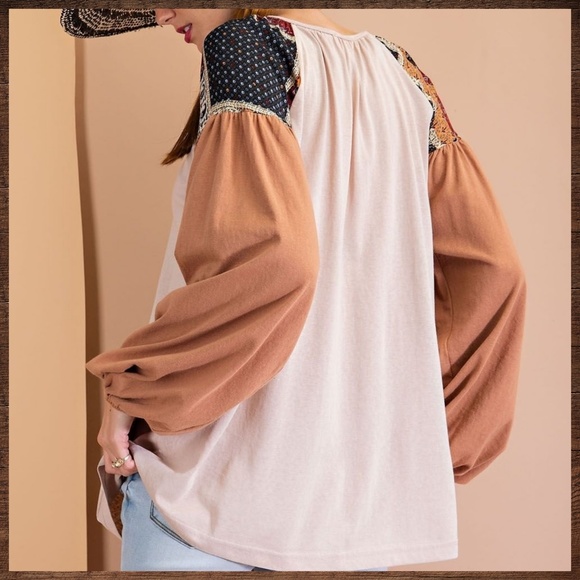 EASEL Tribal Aztec Print Silky Balloon Bubble Sleeve Top Jersey - T-Shirt Bodice - Picture 5 of 12